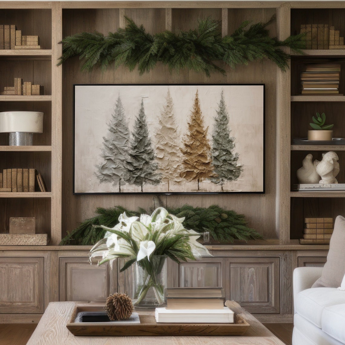 Five Textured Pine Trees Neutral Farmhouse Winter Painting Poster - Image 4