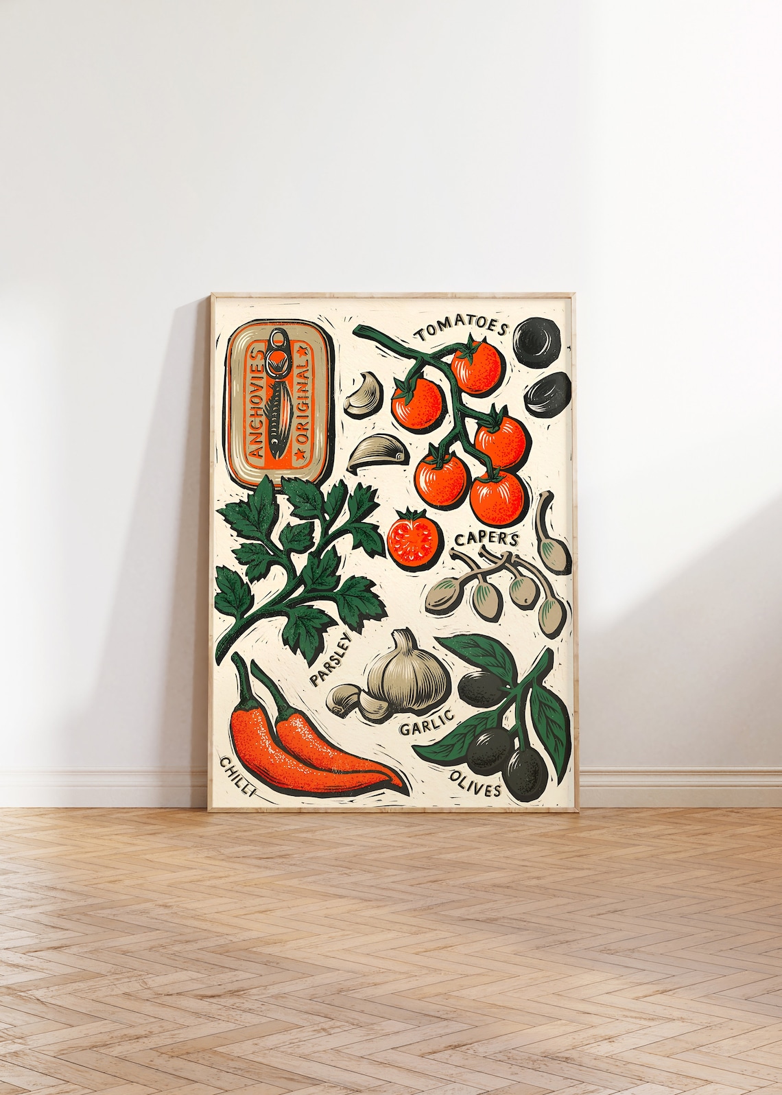 Italian Anchovy Pasta Sauce Ingredients Retro Food Illustration Poster - Image 4