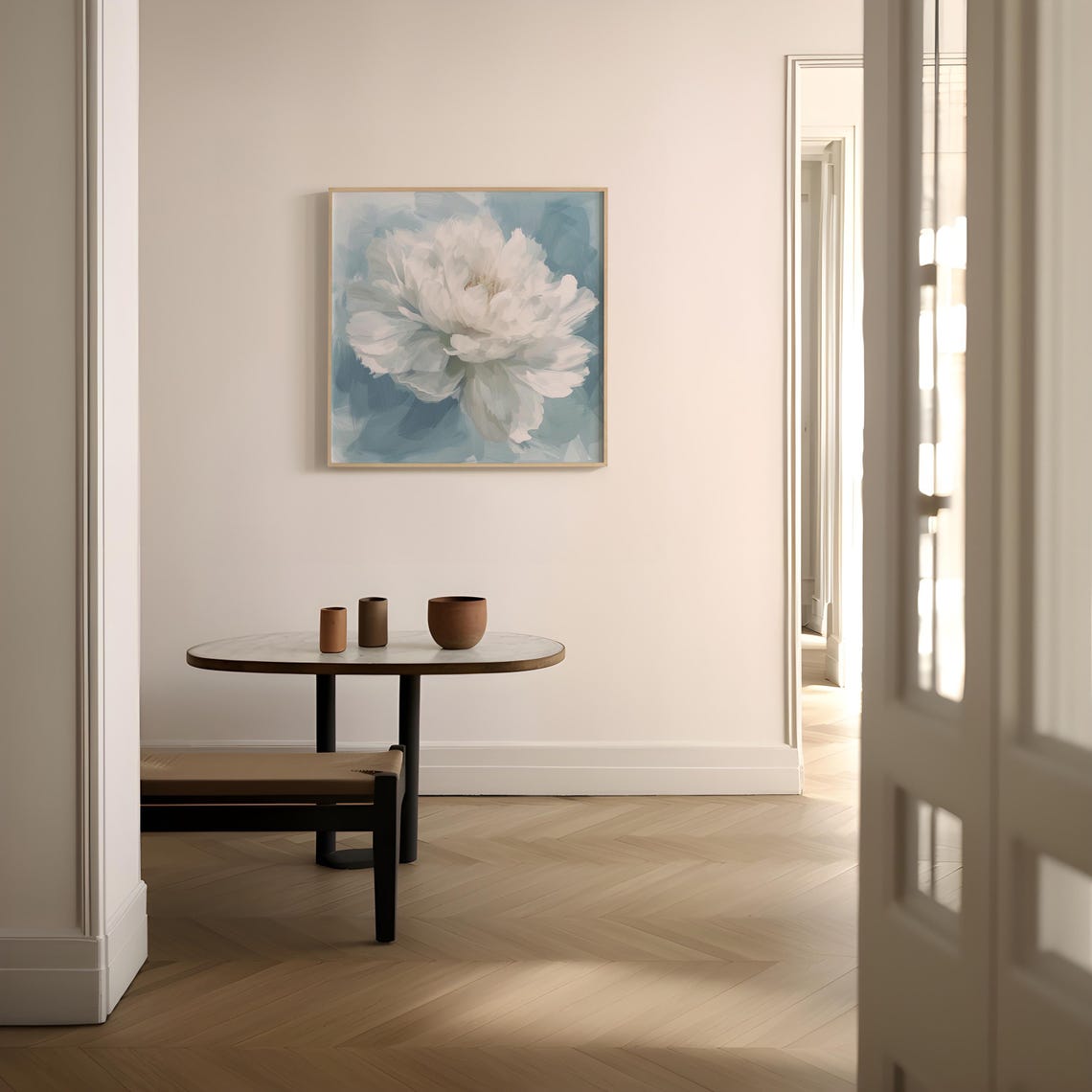 White Peony Flower on Textured Blue Background Botanical Poster - Image 2