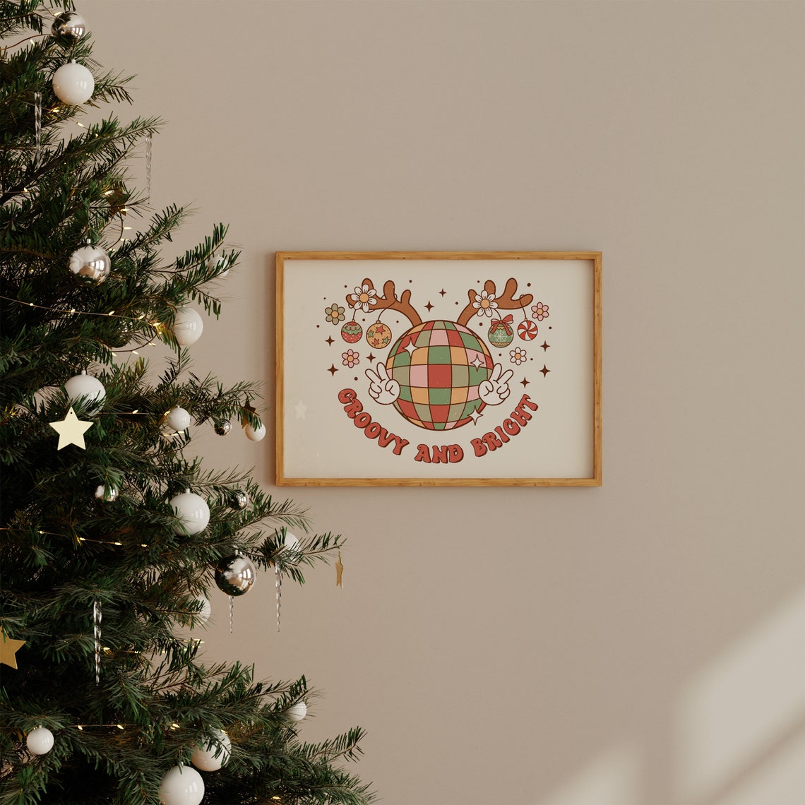 Groovy And Bright Disco Ball Reindeer Christmas Peace Poster - Image 2