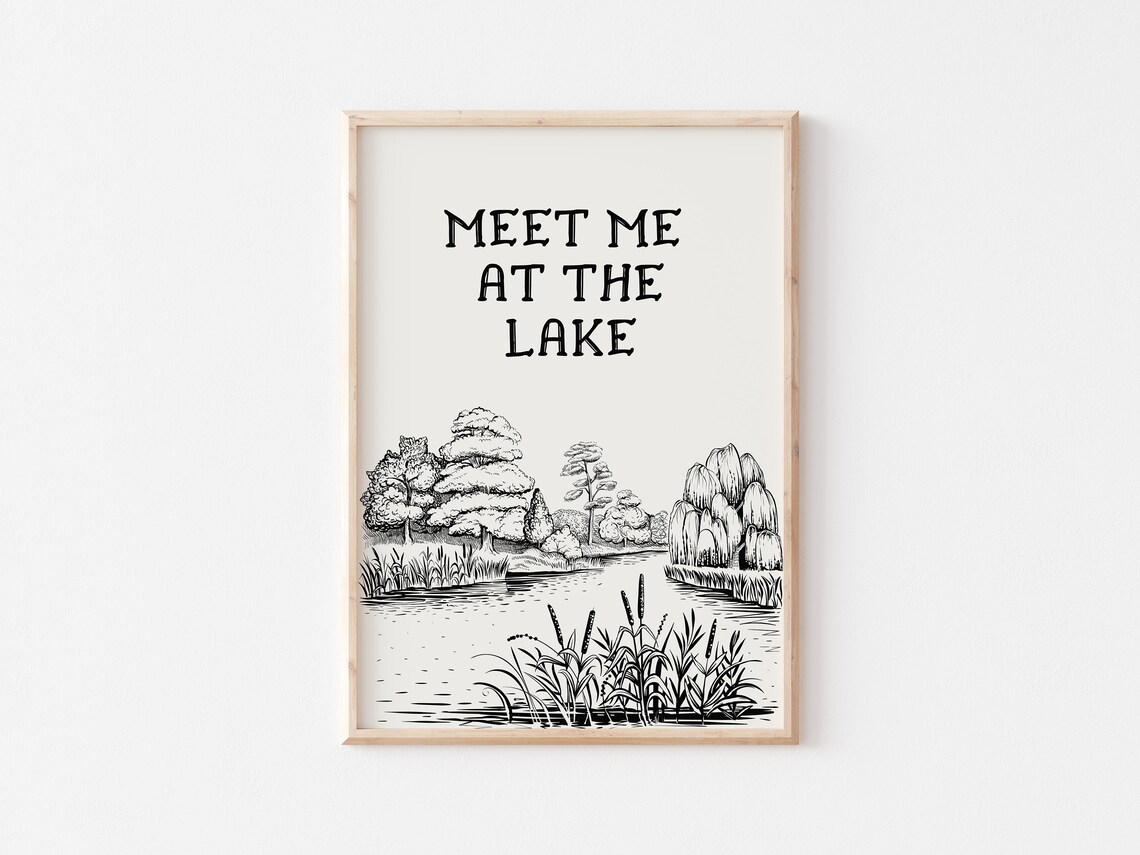 Meet Me At The Lake Vintage Line Art Trees Lake House Cabin Poster - Image 3