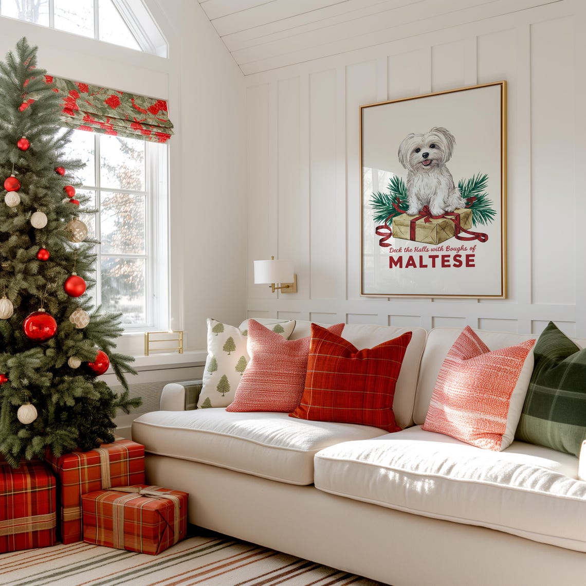 Deck the Halls Maltese Christmas Poster with Puppy on Gift Box - Image 3