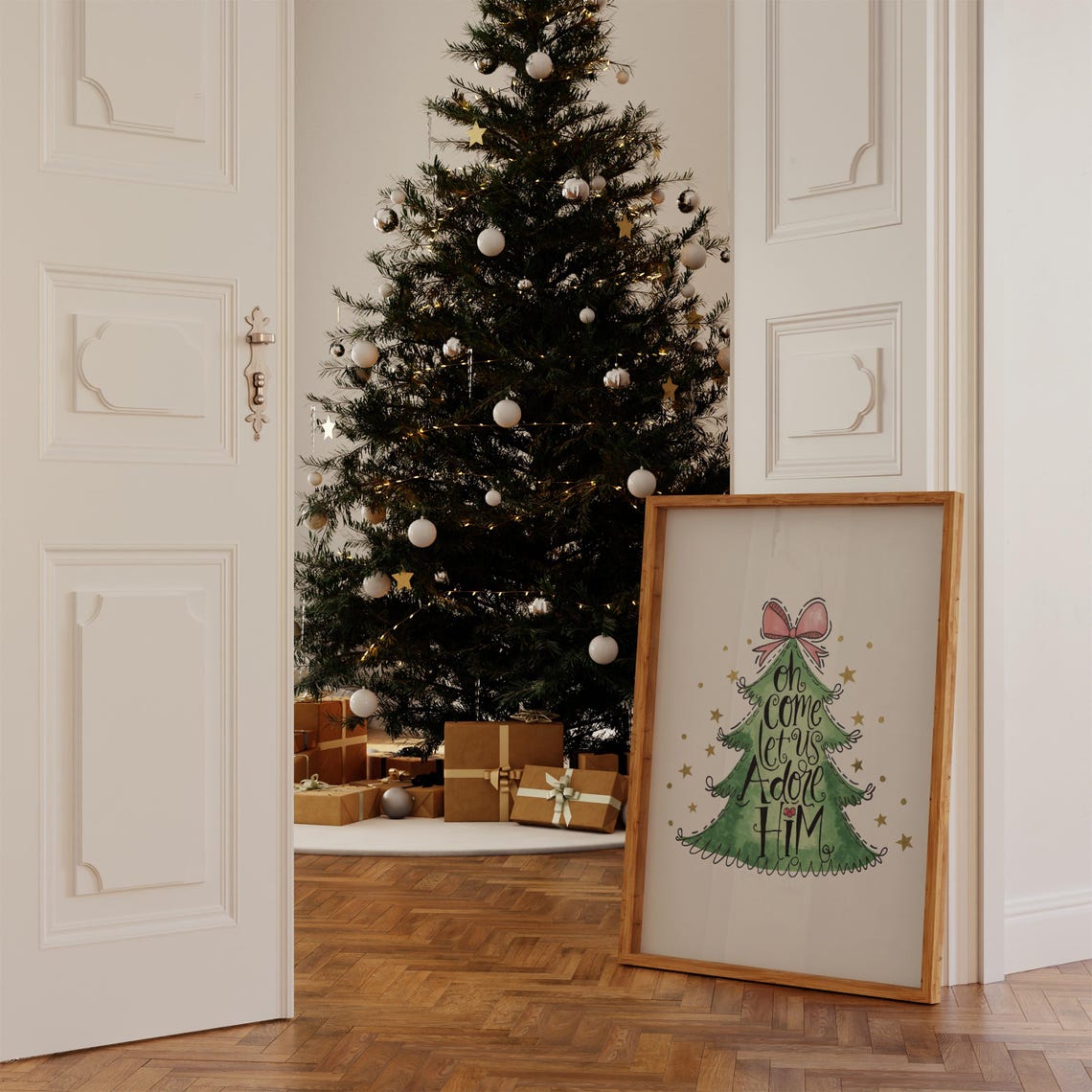 Oh Come Let Us Adore Him Whimsy Watercolor Christmas Tree Poster - Image 2