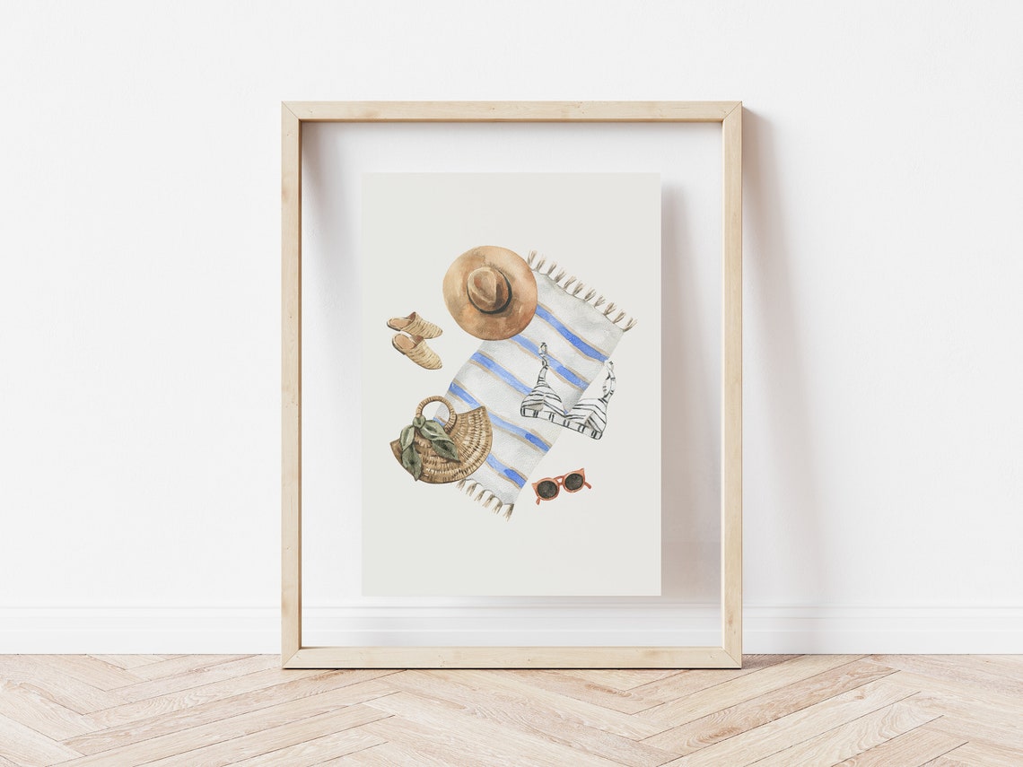 Summer Beach Essentials Watercolor Flat Lay Towel Hat Poster - Image 2