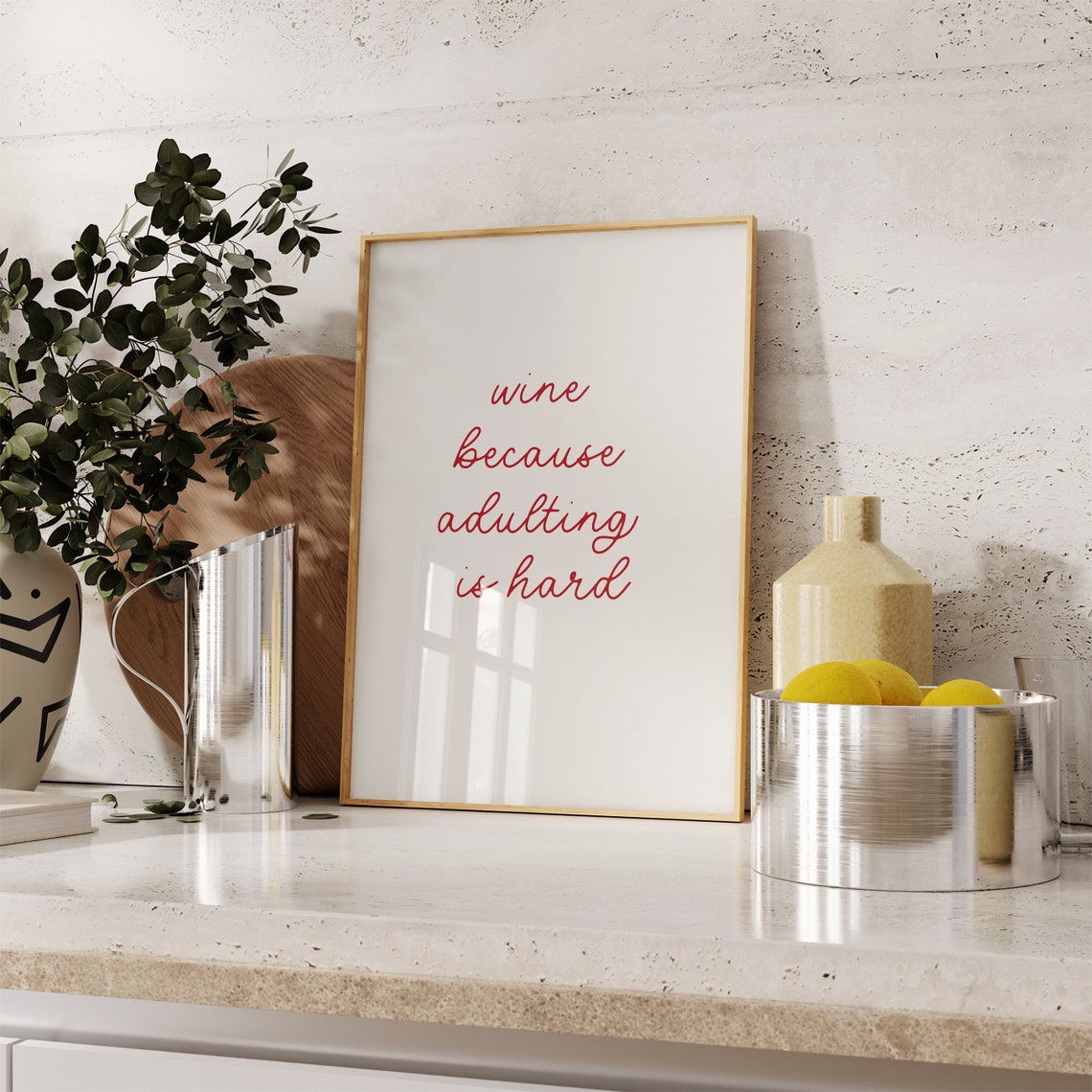 Wine Because Adulting Is Hard Red Script Minimalist Wall Poster - Image 2