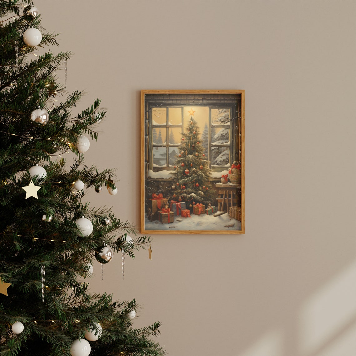 Vintage Christmas Tree By Snowy Cabin Window Winter Village Poster - Image 2