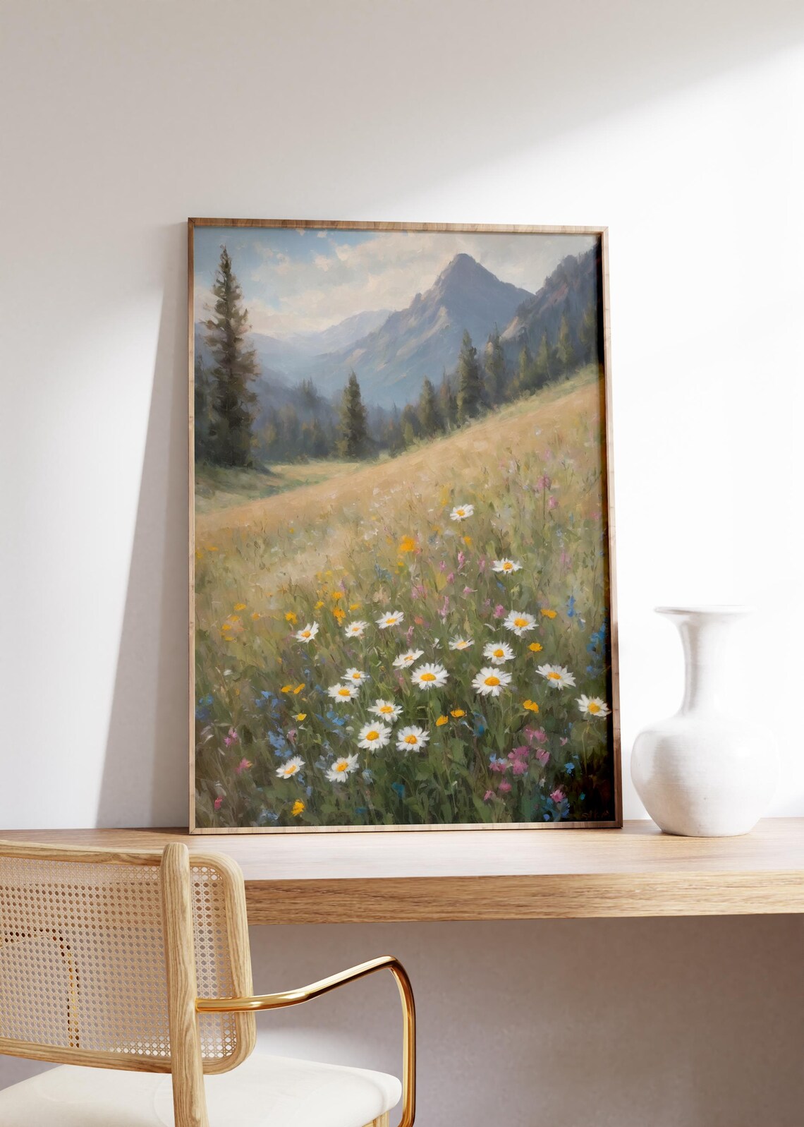 Daisy Wildflower Mountain Meadow Vintage Oil Painting Landscape Poster - Image 3