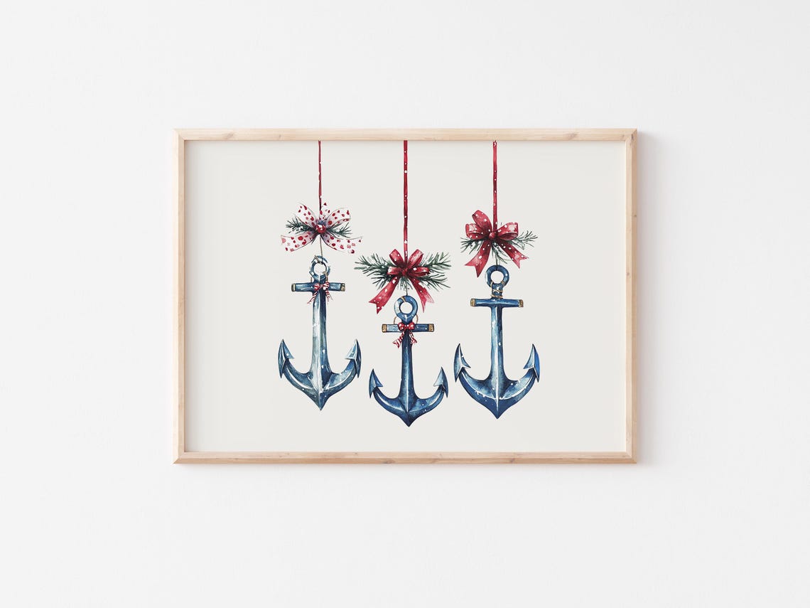Watercolor Christmas Anchor Ornaments Coastal Holiday Poster Trio Set - Image 2