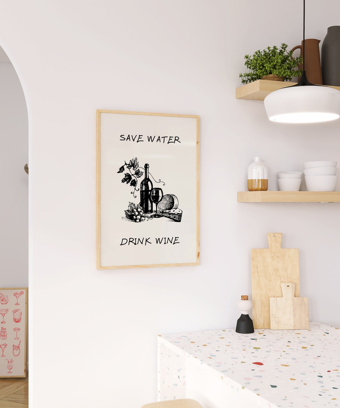 Save Water Drink Wine Hand Sketch Wine Bottle Bar Cart Kitchen Poster - Image 2