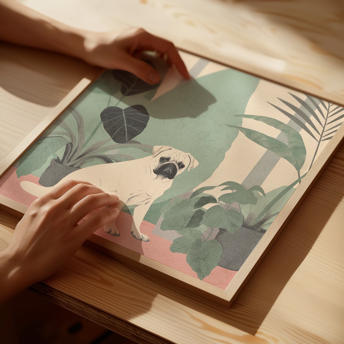 Pug Among Tropical Plants Illustrated Poster in Muted Green Tones - Image 5