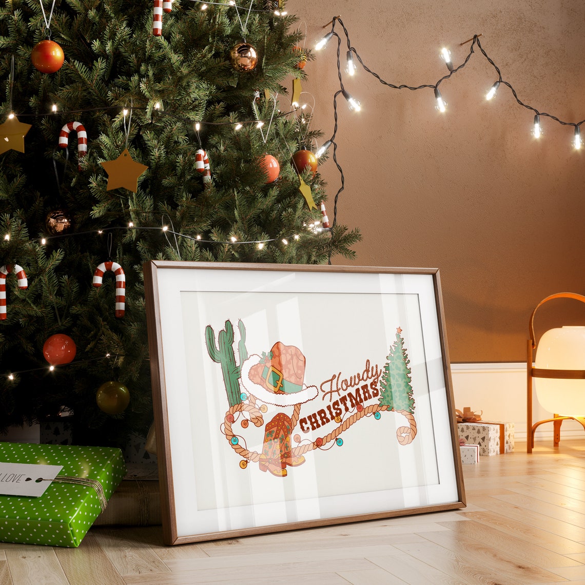 Howdy Christmas Cowboy Hat Lasso Boots Cactus Holiday Poster - Image 3