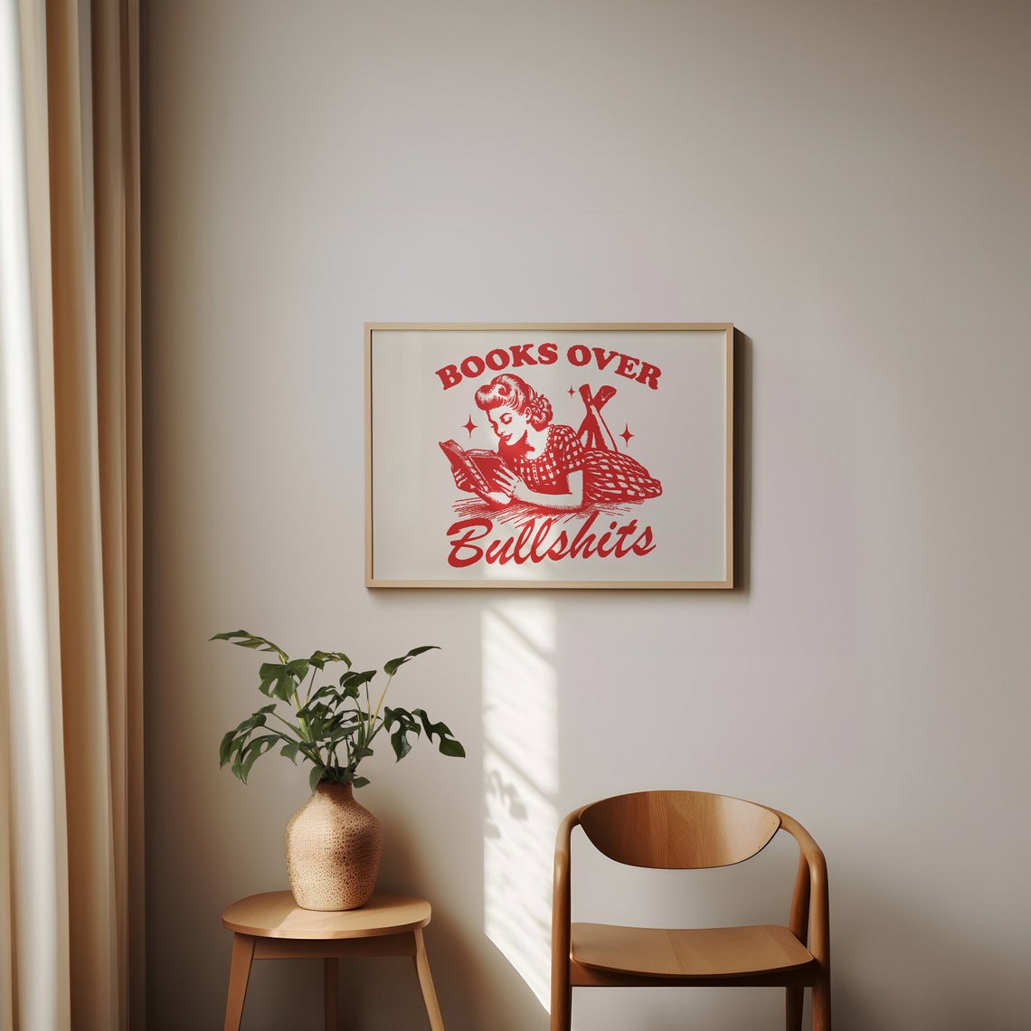 Books Over Bullshits Retro Reading Girl Funny Bookish Gift Poster - Image 3