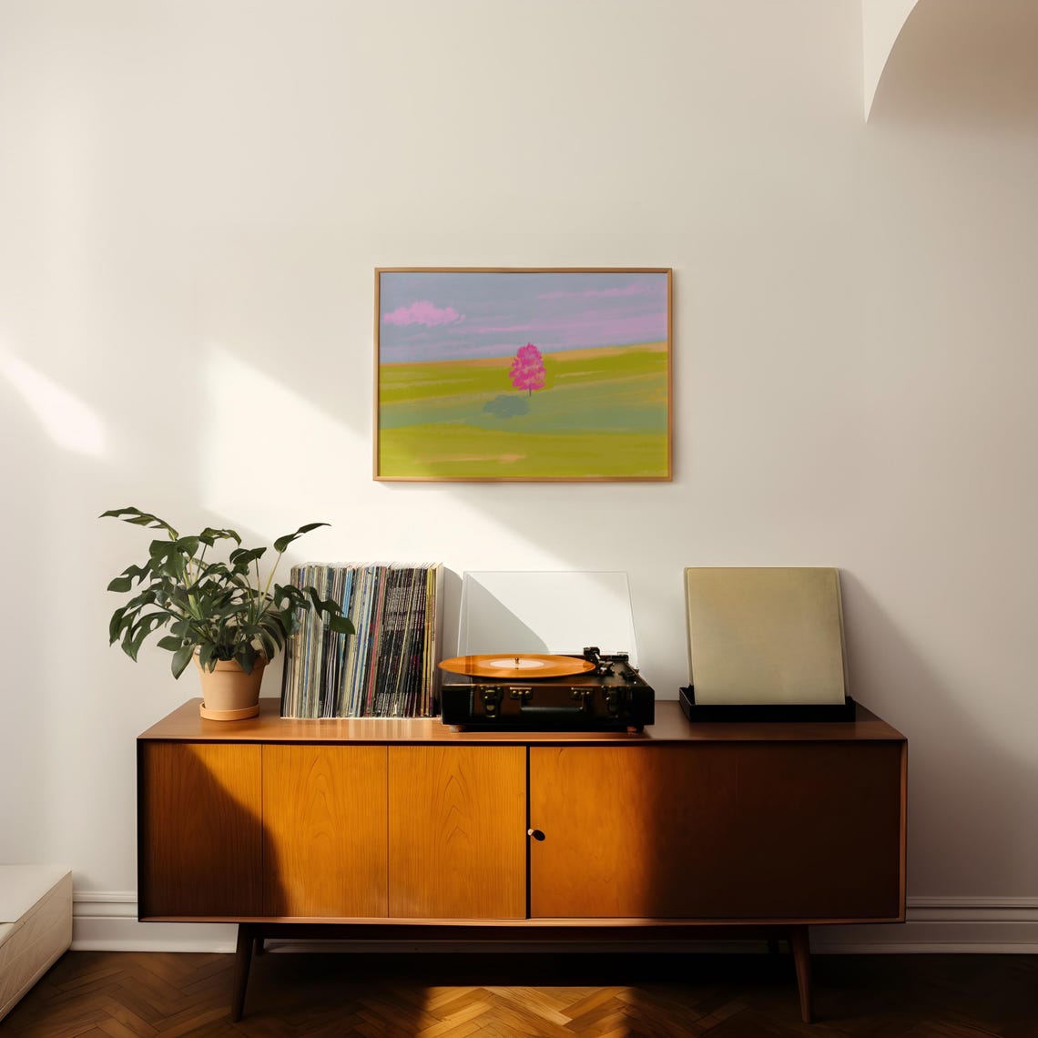Pink Tree Green Meadow Minimalist Modern Landscape Art Poster - Image 2