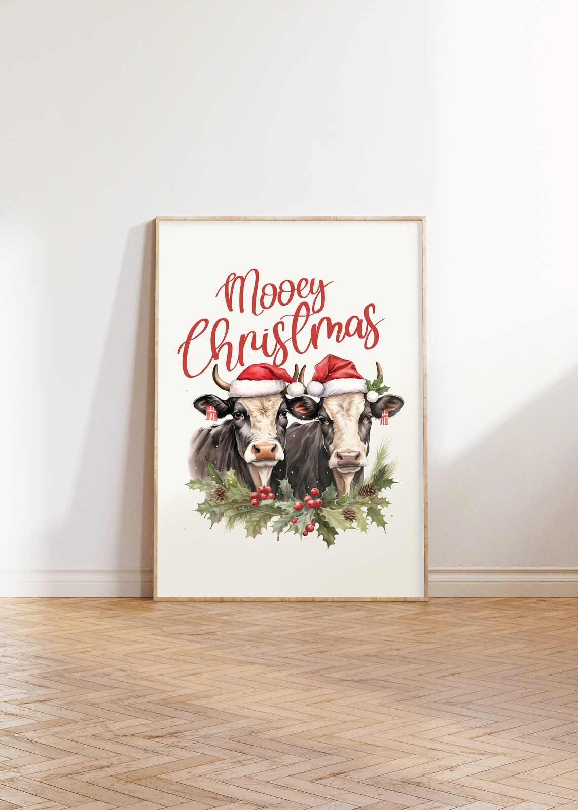 Mooey Christmas Two Cows In Santa Hats With Holly Farmhouse Poster - Image 2