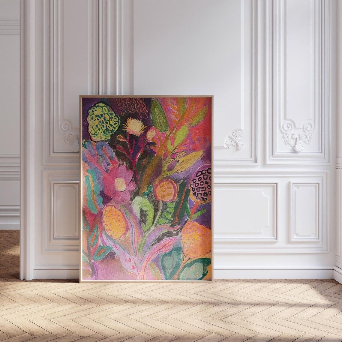 Moody Abstract Floral Painting Poster in Deep Plum and Tangerine - Image 3