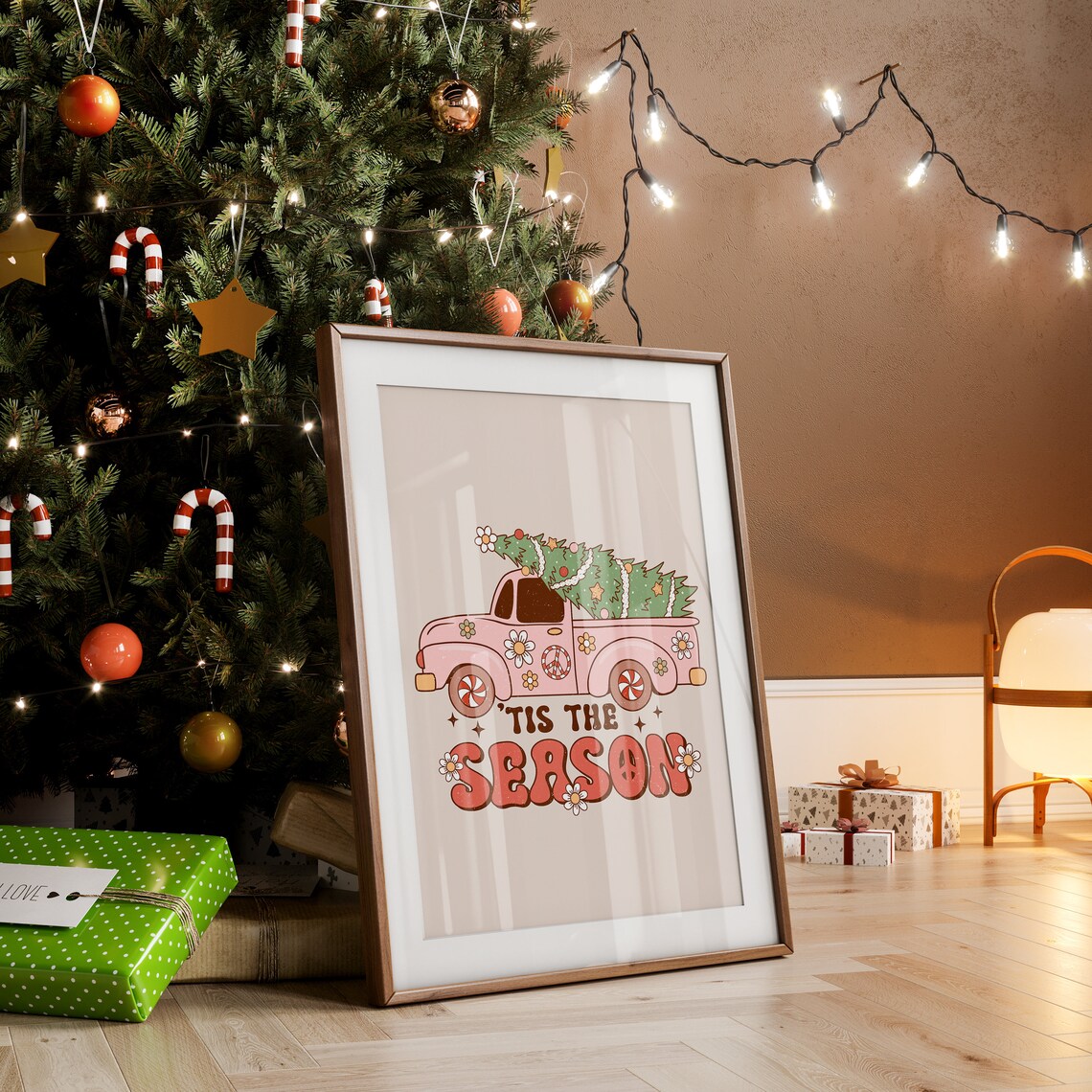 Tis the Season Pink Truck Groovy Retro Christmas Holiday Poster - Image 4