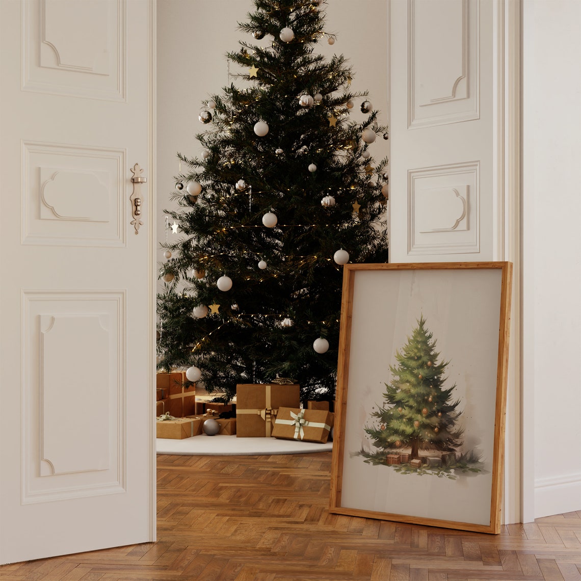 Watercolor Christmas Tree with Gold Ornaments Neutral Poster - Image 4
