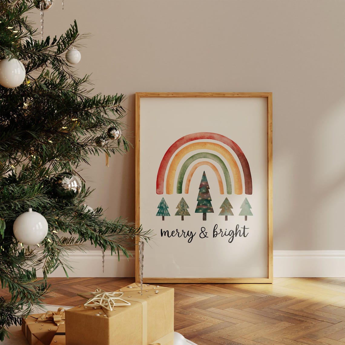 Merry and Bright Rainbow Boho Watercolor Trees Christmas Poster - Image 5