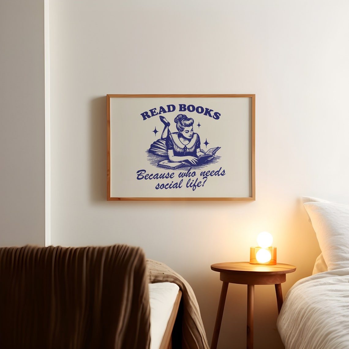 Read Books Because Who Needs Social Life Retro Blue Quote Poster - Image 5