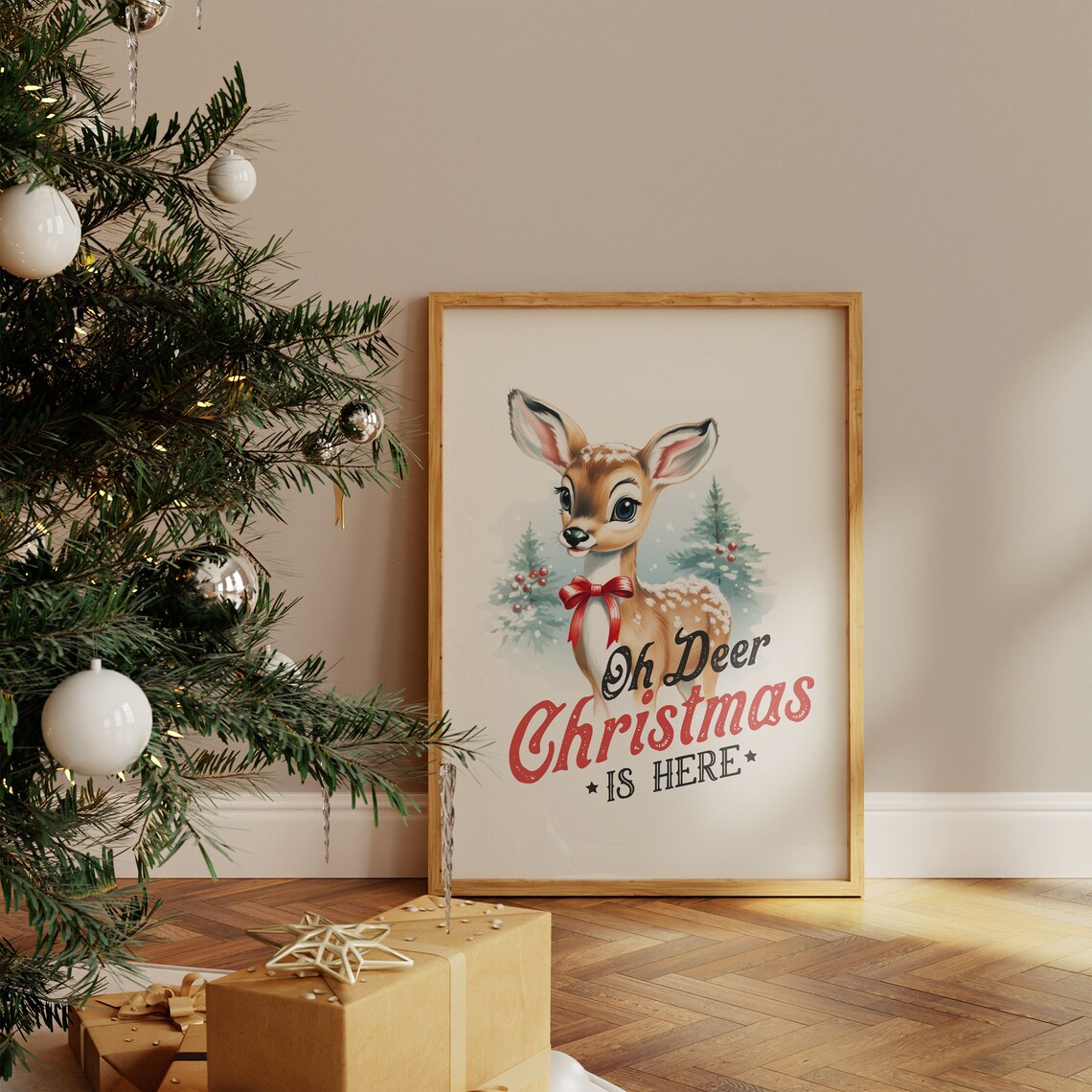 Oh Deer Christmas Is Here Cute Fawn Snowy Vintage Holiday Poster - Image 4
