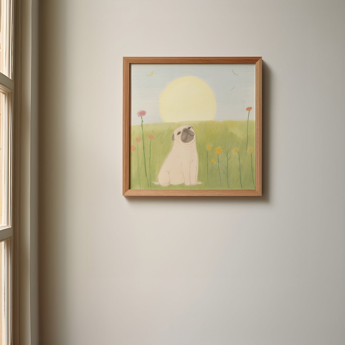 Cute Pug Dog Sunset Meadow Watercolor Square Animal Art Poster - Image 2
