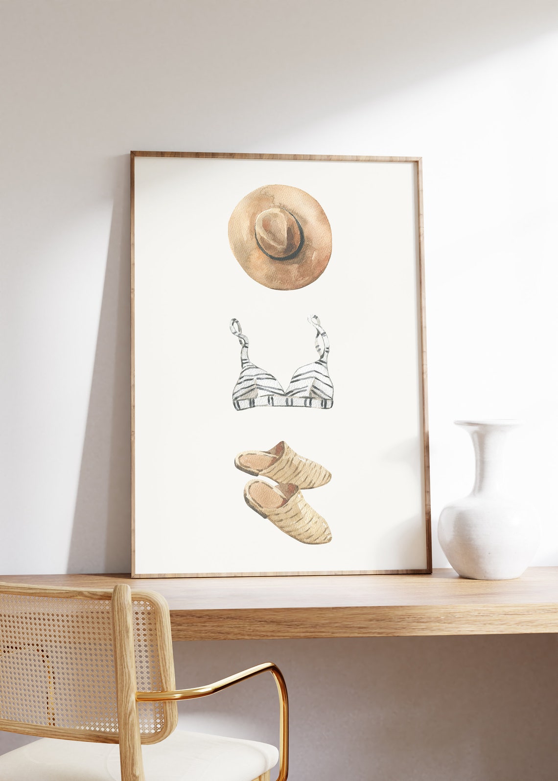 Minimalist Straw Hat Bikini Top Mules Summer Swim Watercolor Poster - Image 3