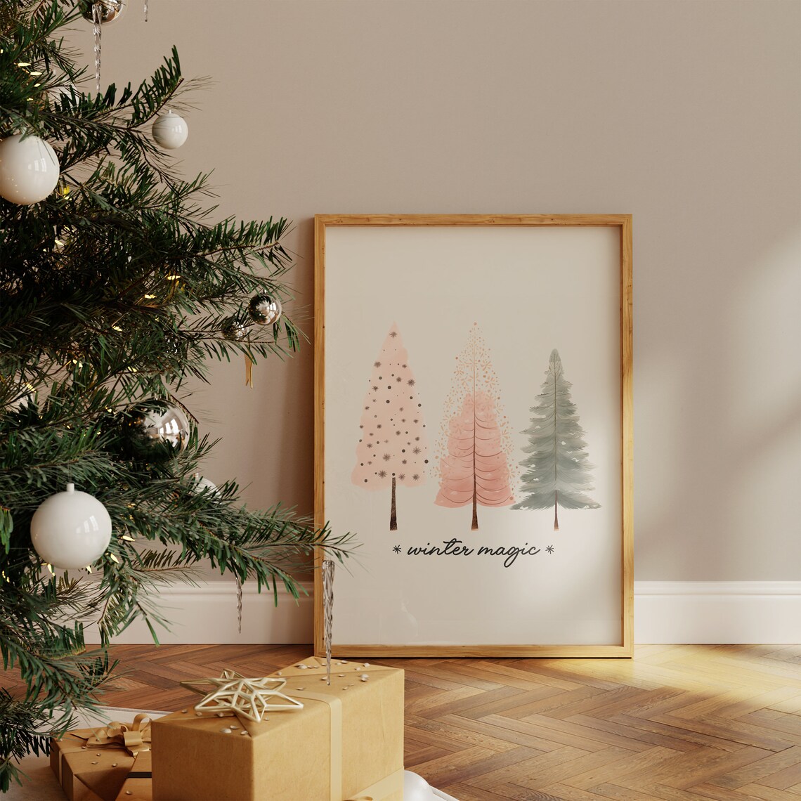 Winter Magic Boho Watercolor Tree Trio Neutral Holiday Poster - Image 4