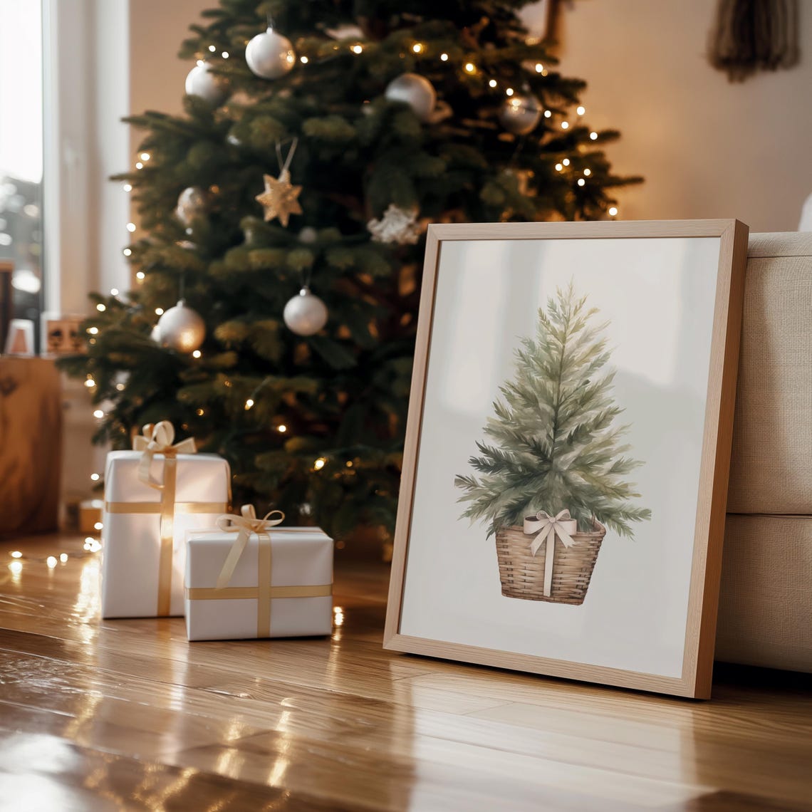 Watercolor Evergreen Tree In Wicker Basket Minimalist Christmas Poster - Image 4