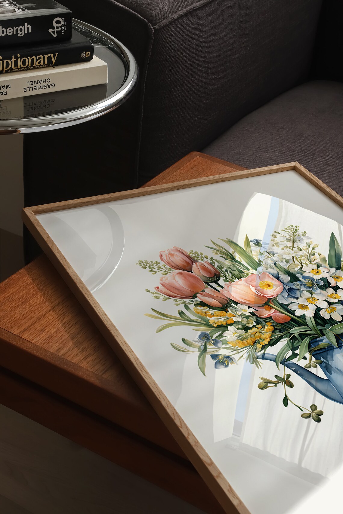 Peach Tulips and Meadow Flowers in a Blue Pitcher Watercolor Poster - Image 3