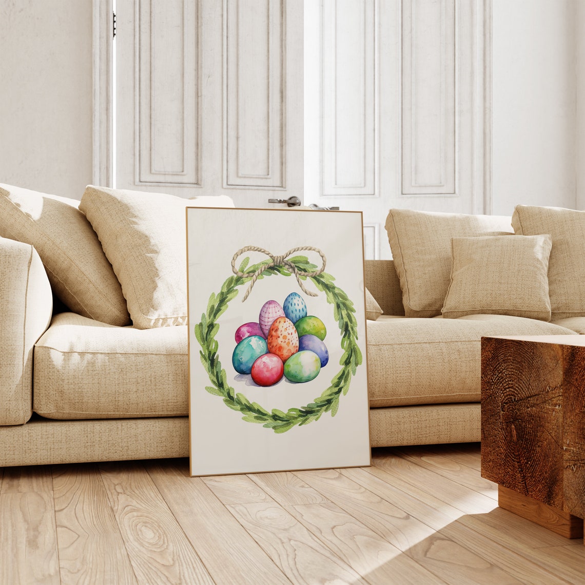 Colorful Easter Eggs In Green Leaf Wreath With Twine Bow Poster - Image 2