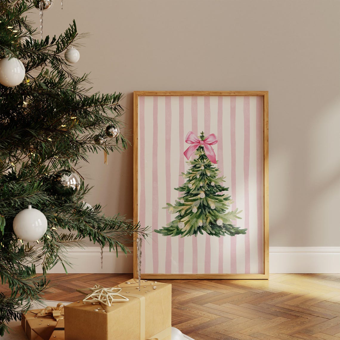Pink Striped Coquette Christmas Tree Watercolor Bow Holiday Poster - Image 4
