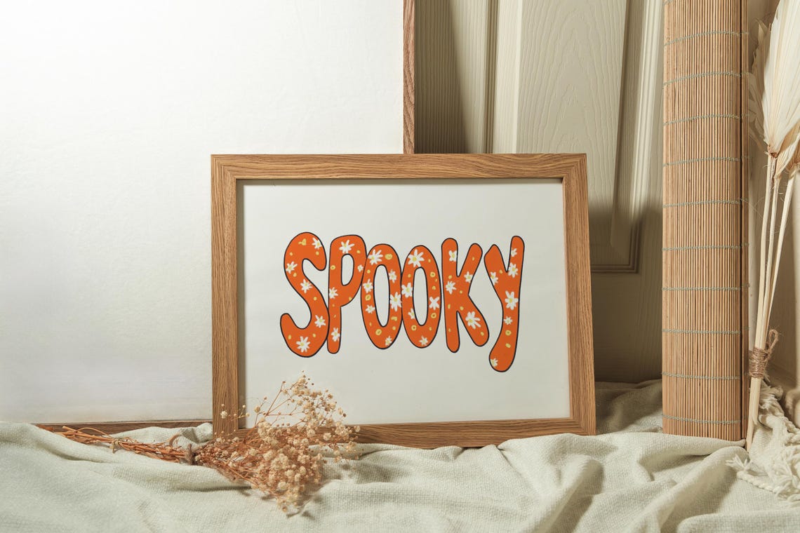 Spooky Orange Floral Bubble Letter Retro Typography Halloween Poster - Image 4