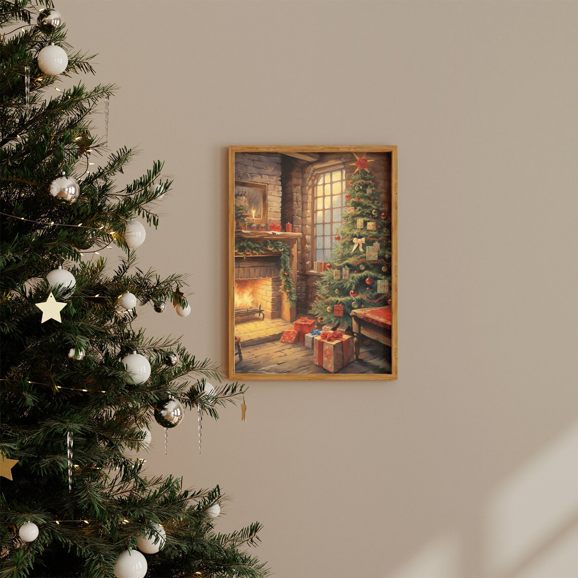 Vintage Christmas Fireplace And Tree Cozy Oil Painting Style Poster - Image 3