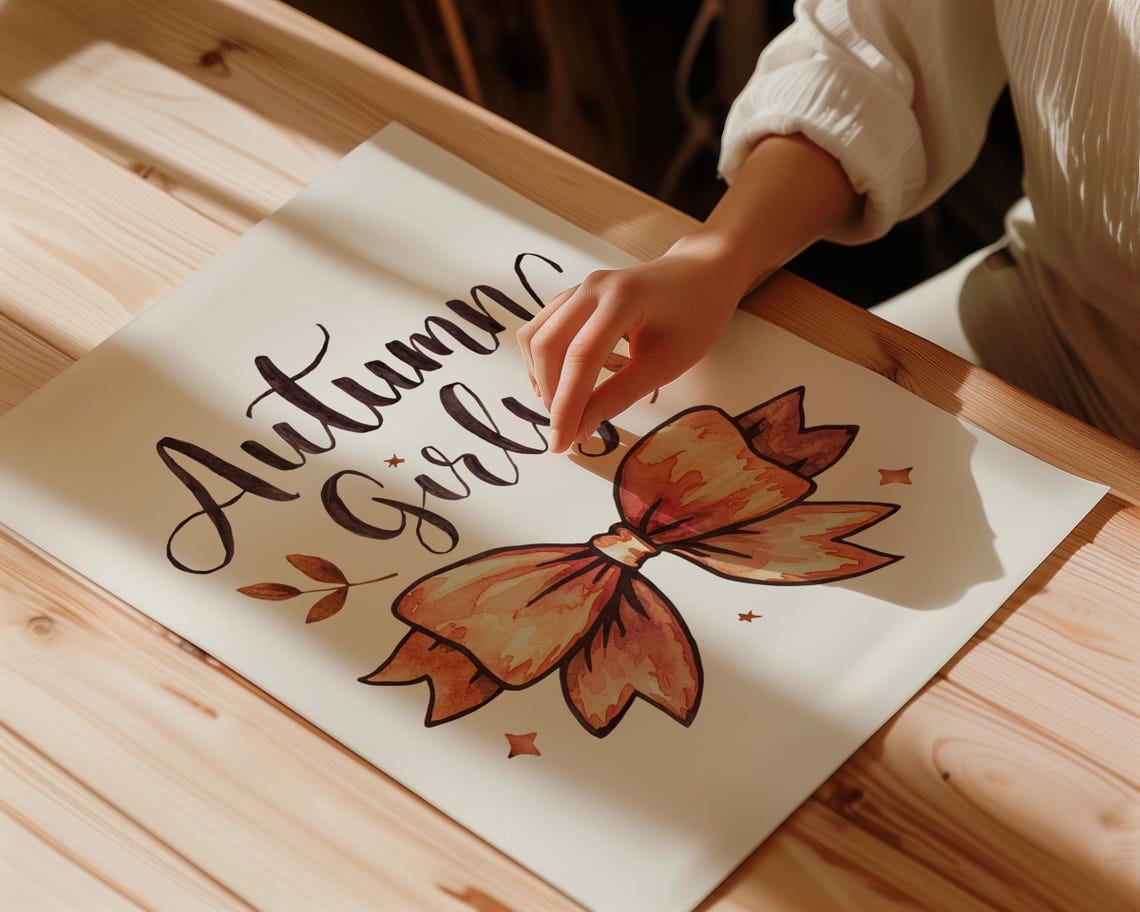 Autumn Girly Orange Watercolor Bow Fall Leaves Coquette Poster - Image 2