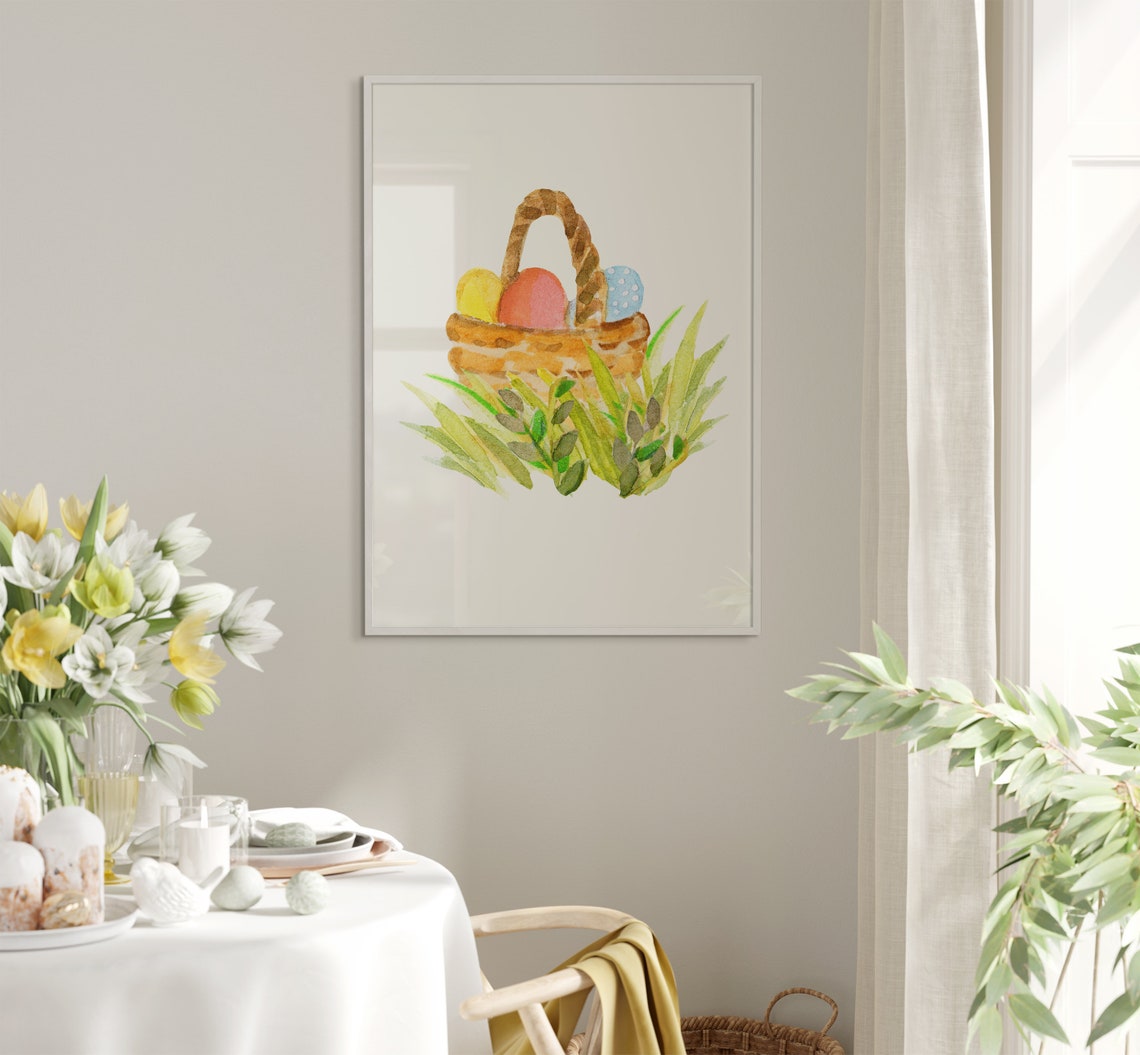 Watercolor Easter Basket With Eggs Resting In Green Grass Poster - Image 5