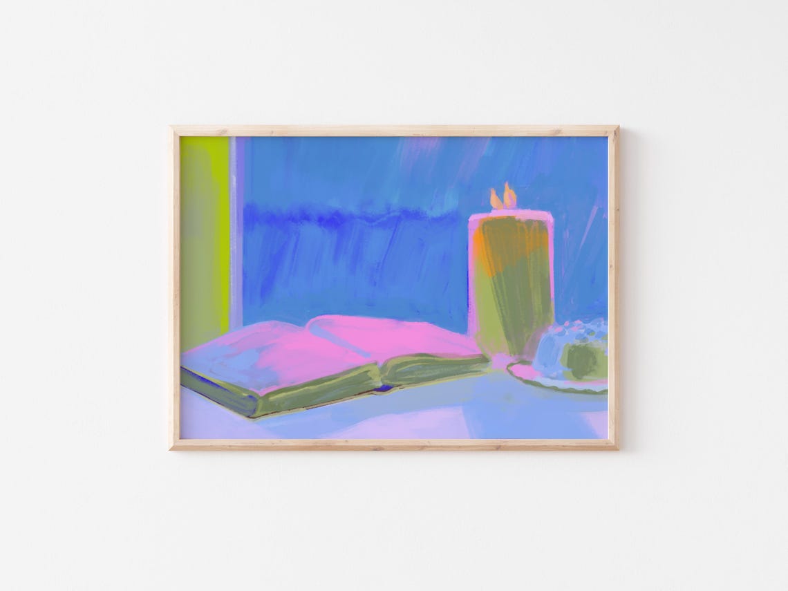 Cozy Reading Nook Open Book Candle Blue Night Window Art Poster - Image 5