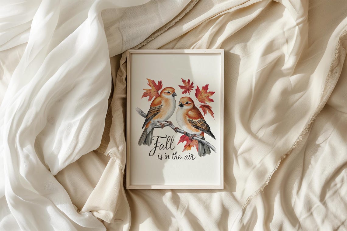 Fall Is In The Air Watercolor Birds and Maple Leaves Autumn Poster