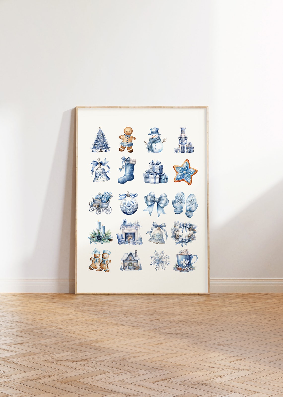 Blue Christmas Icons Watercolor Ornament Collage Holiday Wall Art - Image 3