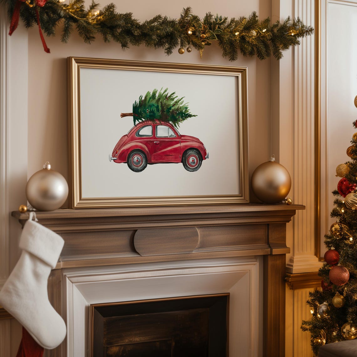 Vintage Red Beetle Car Carrying Christmas Tree Holiday Poster - Image 3