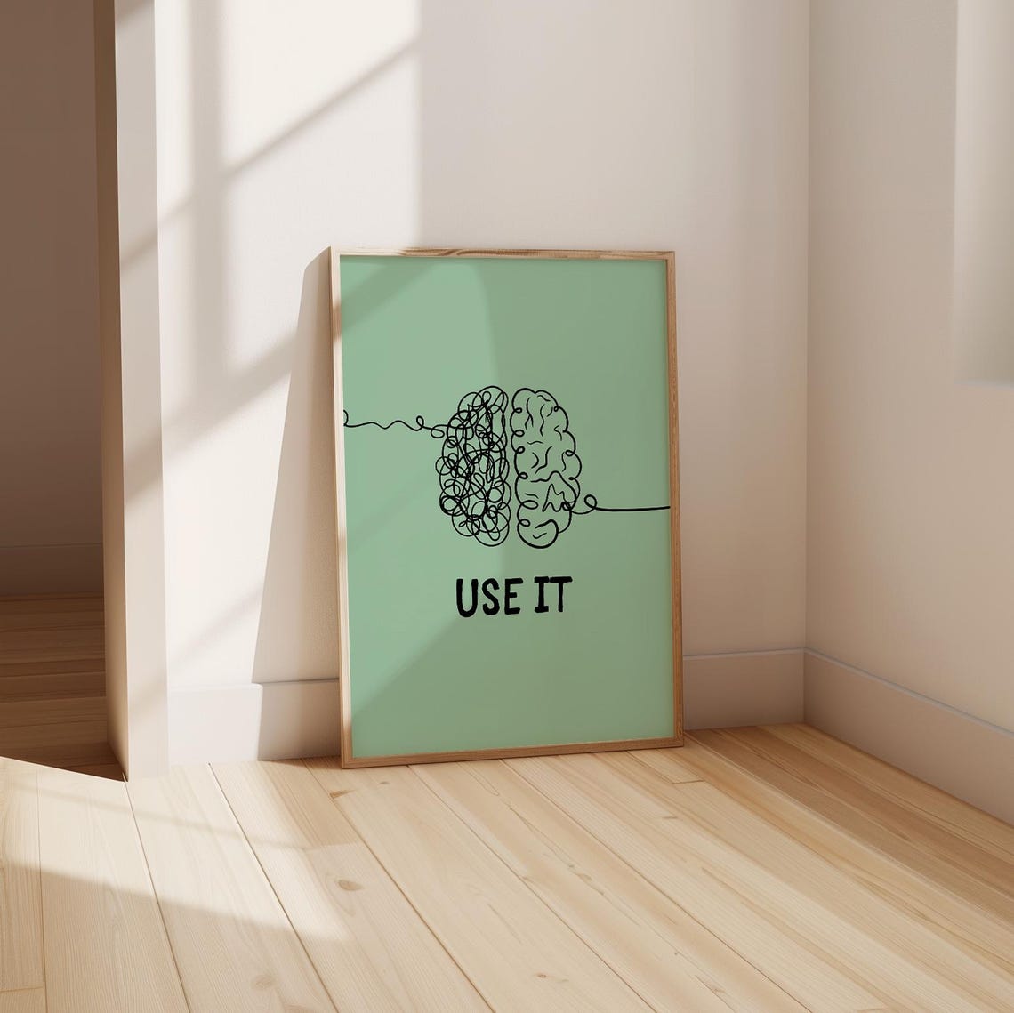 Use It Half Tangled Brain Line Drawing Sage Green Mental Health Poster - Image 5
