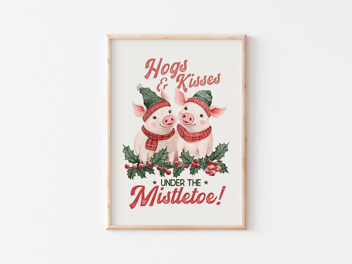 Hogs and Kisses Under the Mistletoe Cute Pigs Christmas Poster - Image 4