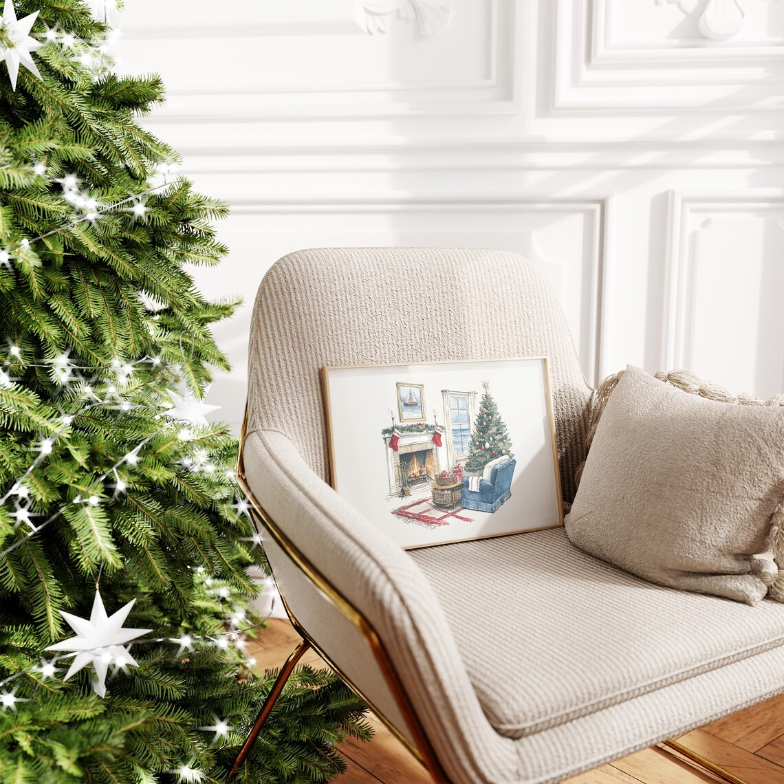 Watercolor Coastal Christmas Living Room Poster with Ocean Window View - Image 3