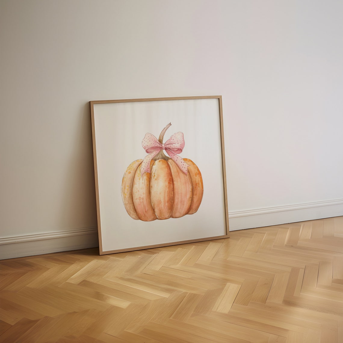 Peach Watercolor Pumpkin with Pink Polka Dot Bow Fall Decor Poster - Image 4