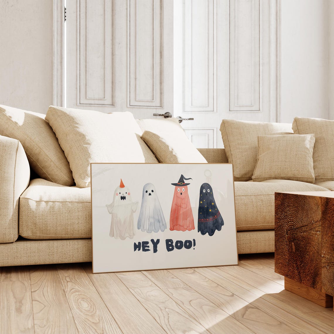 Hey Boo Four Watercolor Ghosts In Costumes Cute Halloween Poster - Image 2