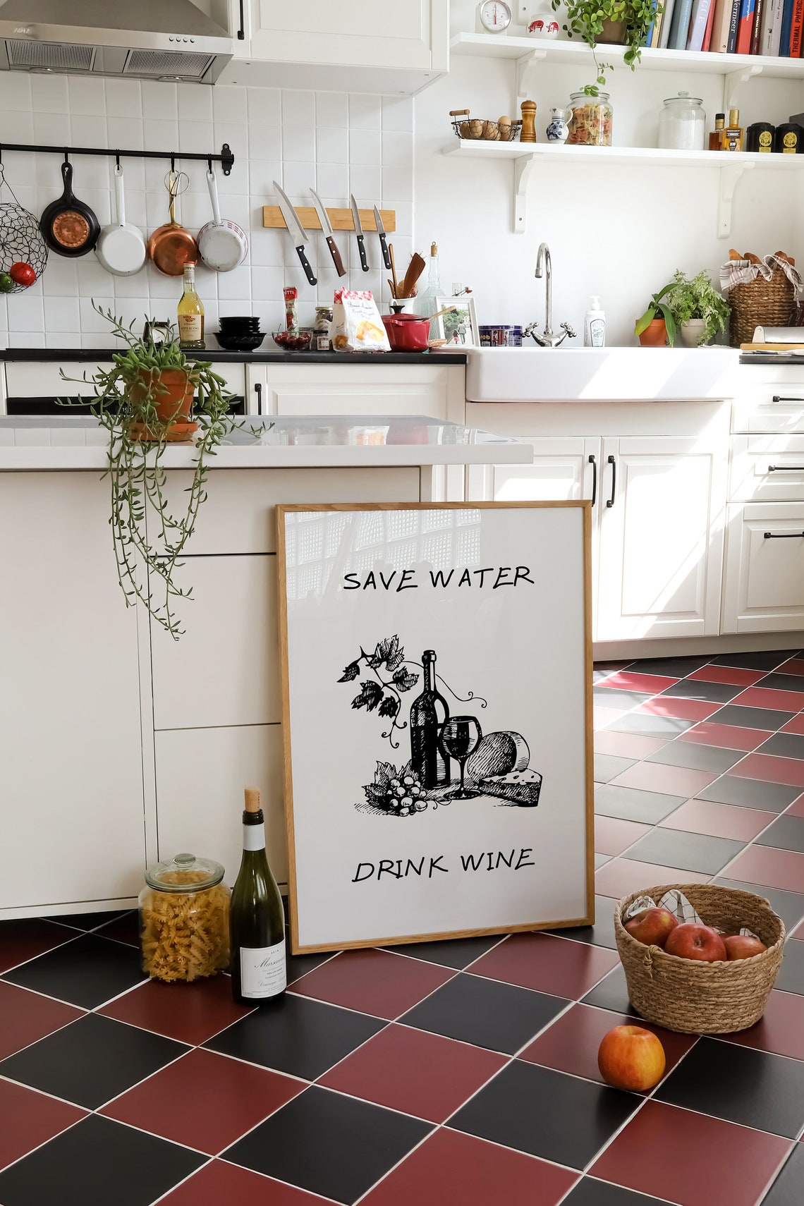 Save Water Drink Wine Hand Sketch Wine Bottle Bar Cart Kitchen Poster - Image 3