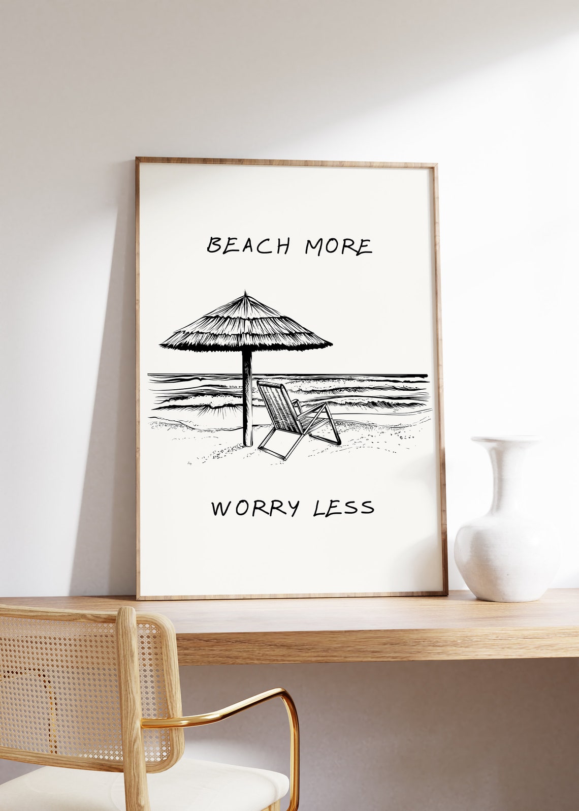 Beach More Worry Less Umbrella Coastal Line Art Beach Wall Poster - Image 4