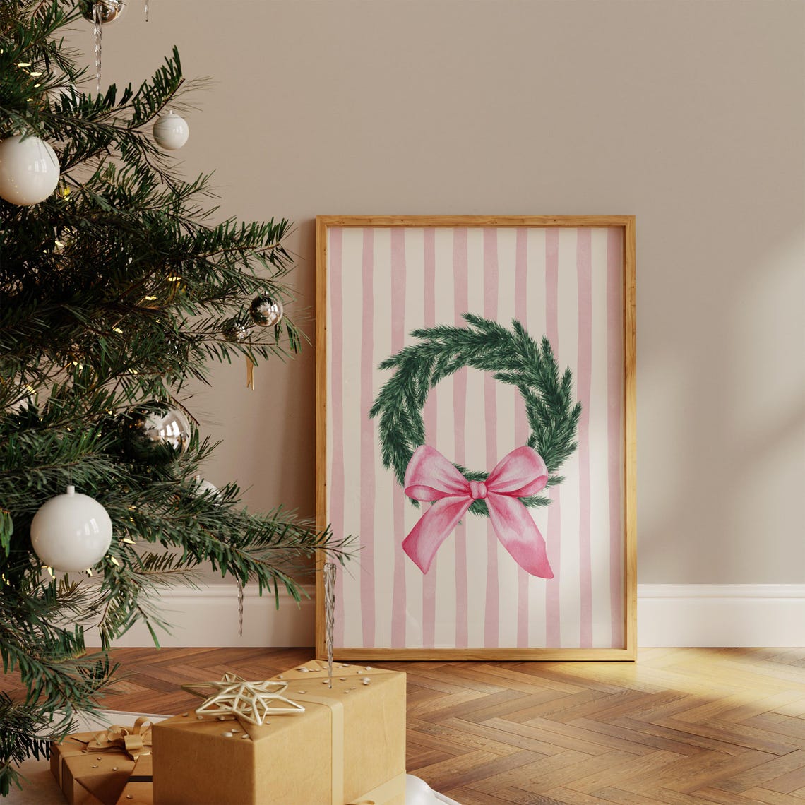 Pink Bow Christmas Wreath Watercolor Poster on Striped Background - Image 5