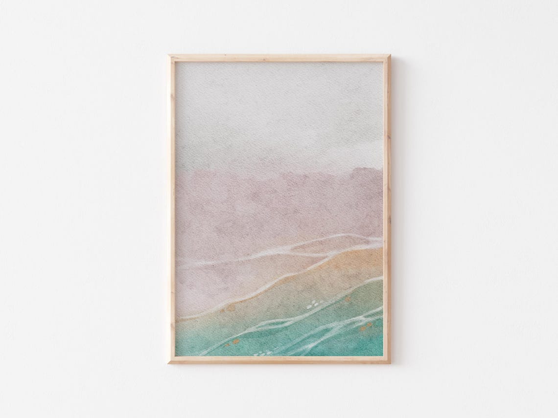 Dreamy Blush Pink Sky Over Gold Sand And Teal Ocean Waves Print - Image 5