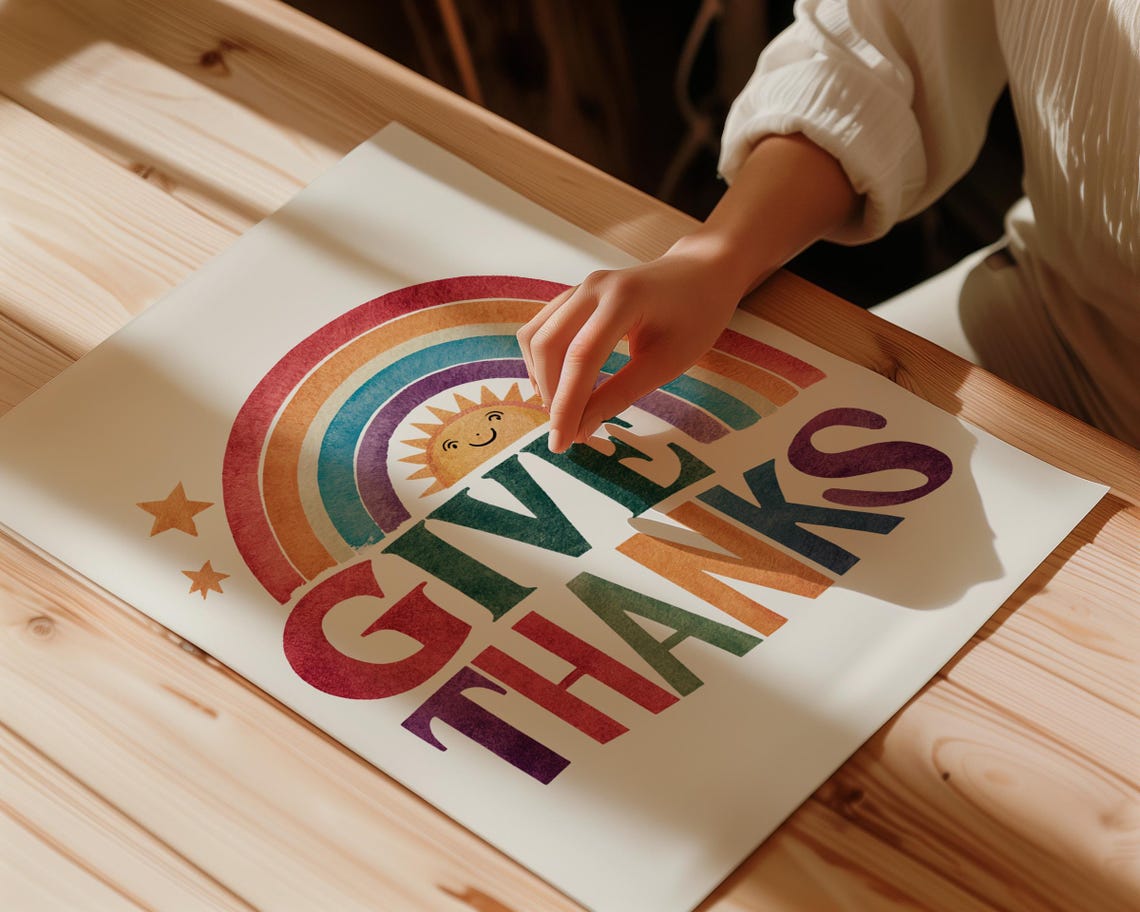 Give Thanks Rainbow Sun Watercolor Thanksgiving Fall Art Poster - Image 4