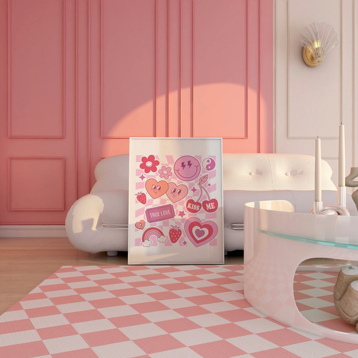 Retro Pink Valentine Sticker Collage With Smiley Hearts Poster - Image 4